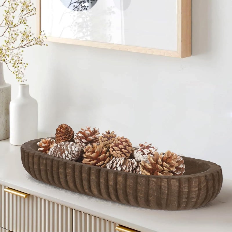 Oakrain Wooden Decorative Bowl for Home Decor, 16" Rustic Dough Bowl with Hand Carved Vertical Stripes, Long Wood Tray for Table Centerpieces, Brown - Image 1